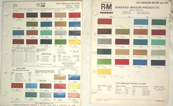 1976 amc ppg and r-m color paint chip chart jeep pacer  matador hornet original