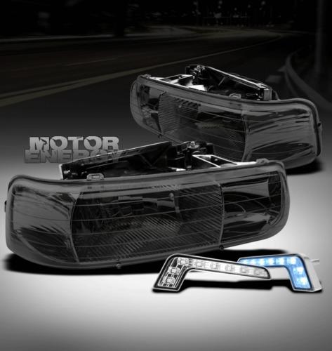 1999-2002 silverado/tahoe/suburban crystal smoke head lights+blue led drl signal