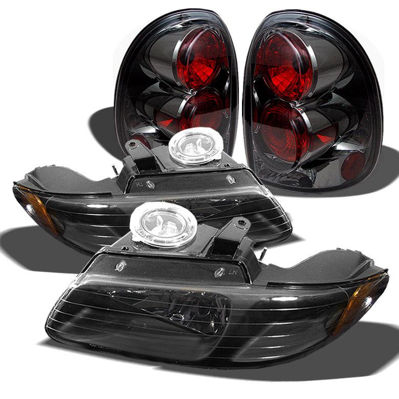 96-00 carvan chrysler voyager town & country black headlights+smoked tail lights