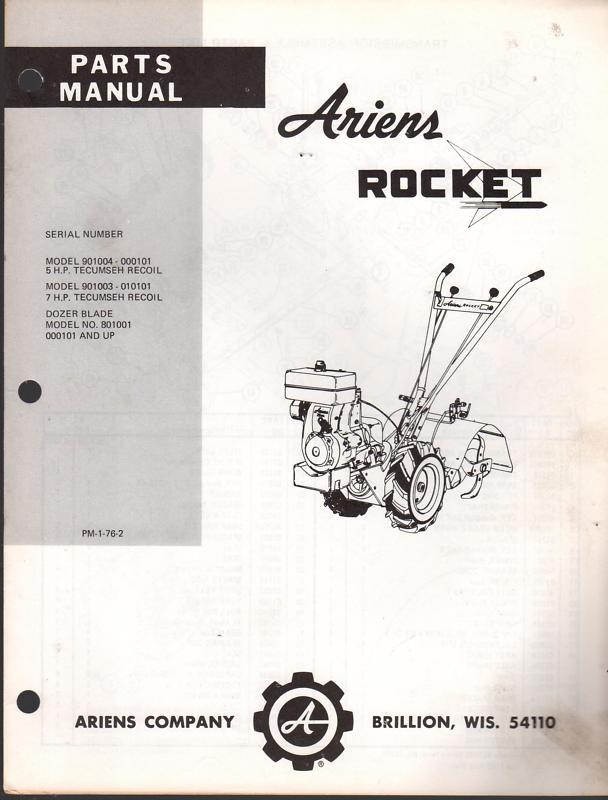 Ariens rocket tiller 5 & 7 hp tec. recoil parts manual p/n pm-1-76-2   (167)