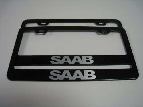 (2) black coated metal license plate frame - saab