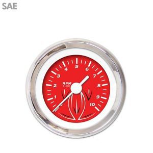 Aurora 1068 tachometer gauge pinstripe red, white needle, chrome trim ring ~