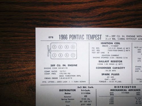 1966 pontiac tempest eight series (&amp; gto) models 389 ci v8 3x2bbl tune up chart