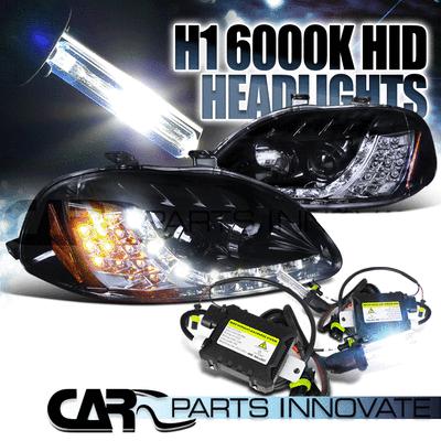 Glossy black 96-98 civic r8 drl projector headlights+led signal+h1 6000k hid kit