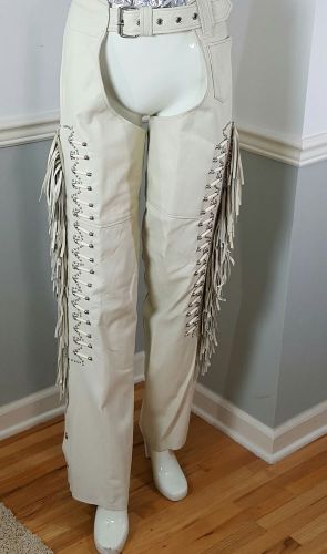 Leather fringe chaps ladies motorcycle biker riding beaded bones &amp; fringe