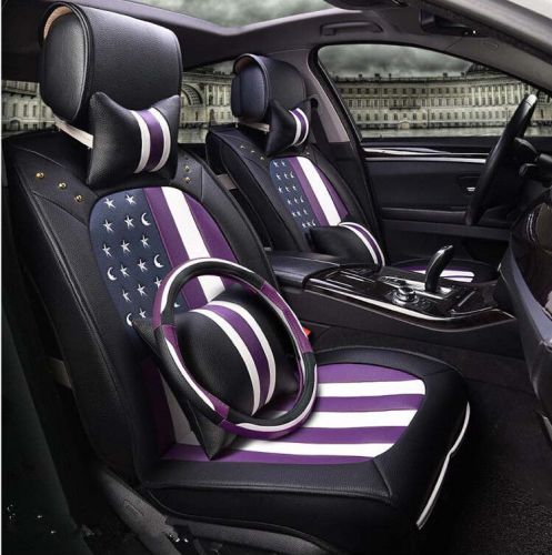 Us flag pu leather car seat covers front pair set 7pcs black+purple 2016 new