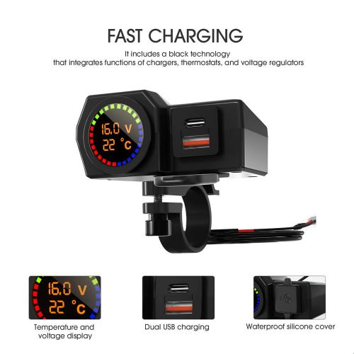 Motorcycle handlebar phone charger usb type-c fast charging voltage temp display