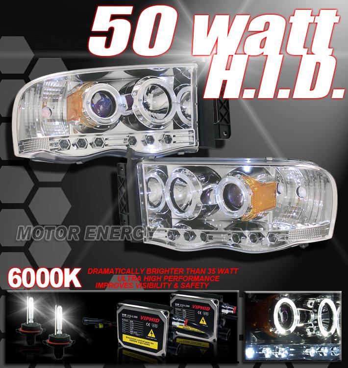 2002-2005 ram 1500/2003+ 2500 3500 halo led chrome projector headlight w/50w hid