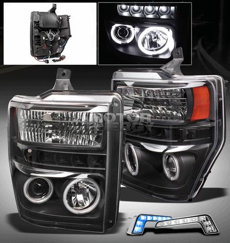 2008-2010 super duty ccfl halo black projector head lights w/blue drl led signal