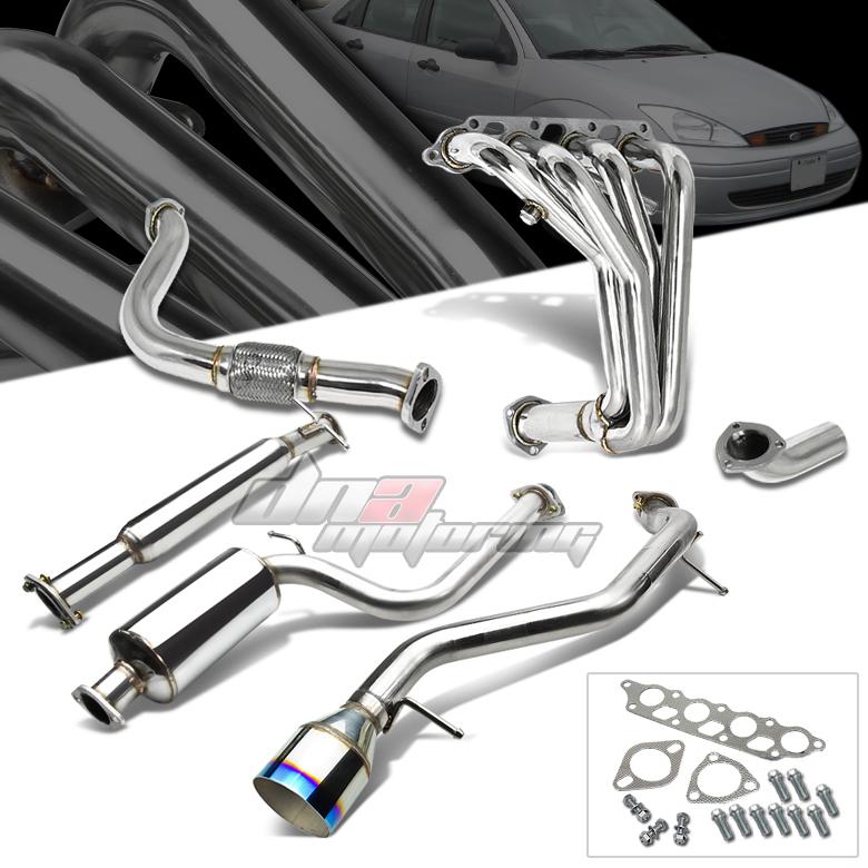 00-04 ford focus 4.5" burnt tip muffler catback+downpipe+header exhaust system