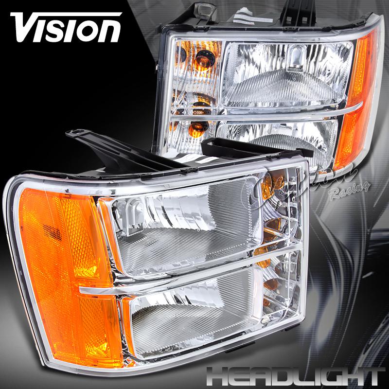 07-12 gmc sierra 1500 2500 3500 chrome head lights left right amber reflector