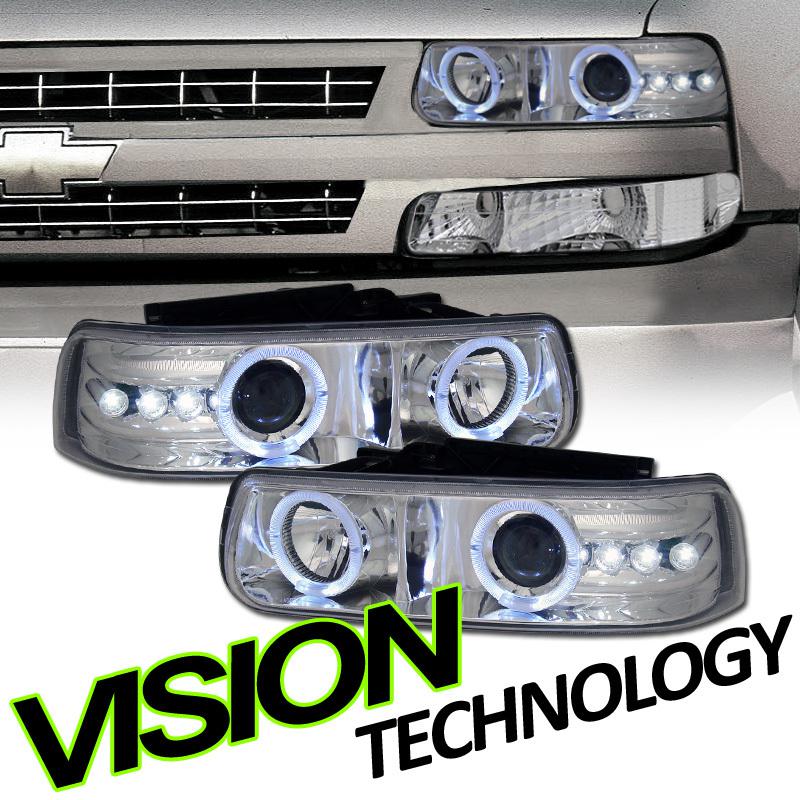 Angel eye halo chrome projector headlights w/ led drl silverado/suburban/tahoe