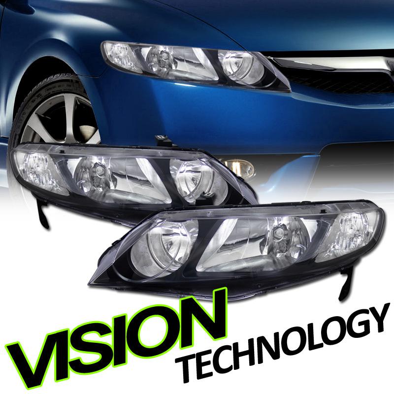 06-11 honda civic 4-door jdm blk housing clear lens crystal headlights assembly