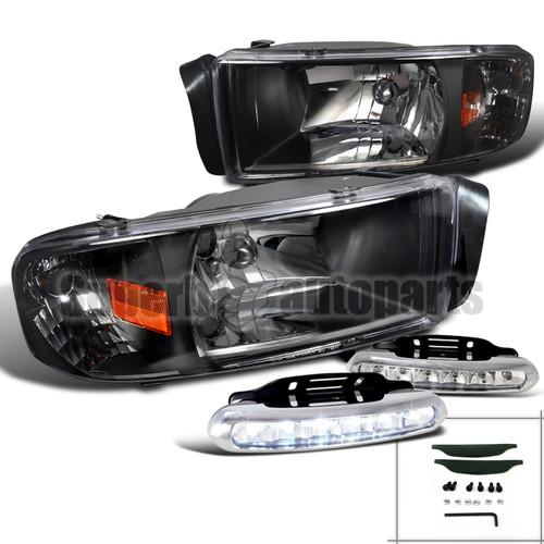 1994-2001 dodge ram 1500/2500/3500 1pc headlights black+led drl fog lamp