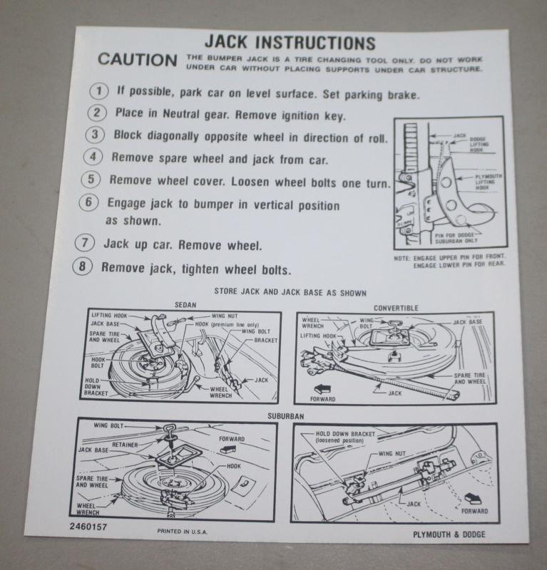 New 1964 mopar b-body jack instruction decal