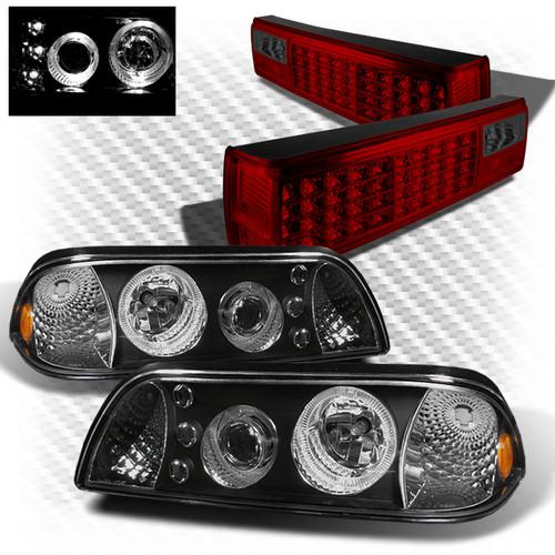 87-93 mustang 1pc black projector headlights w/led + r/s led perform tail lights
