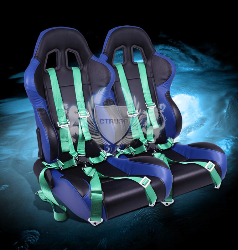 2x black/blue turino sport racing bucket seats w/sliders+6-pt green camlock belt