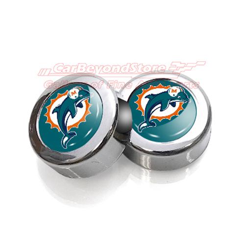 Nfl miami dolphins license plate frame chrome screw covers, pair, + free gift