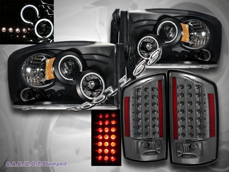 07-08 dodge ram 2 halo led projector headlights ccfl blk + led tail lights smoke