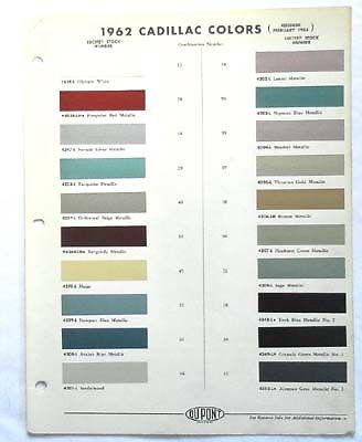 1962 cadillac dupont  color paint chip chart all models original 