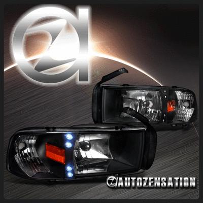 94-01 dodge ram truck black led drl crystal headlights right+left