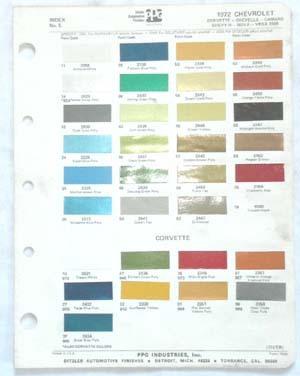 1972 chevrolet ppg color paint chip chart all models original 