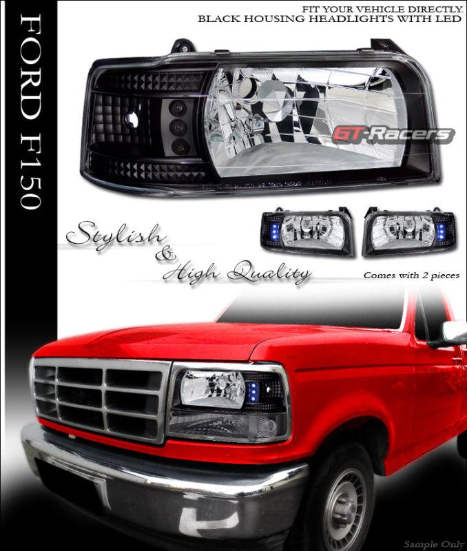 Black sport drl led head lights lamps parking corner yd 92-96 ford f150 bronco