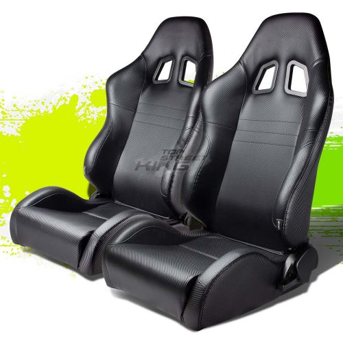 2x carbon look pvc leather jdm sports racing seats+adjustable slider rails set