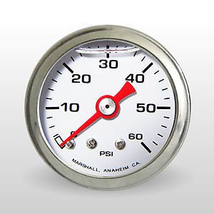 0-60 psi marshall gauge 1.5&#034; diameter liquid 1/8&#034;  white fuel pressure gauge