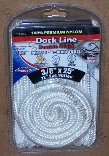 White dock line double braid 3/8&#034; x 25&#039; nylon boat 12&#034;eye docking boating