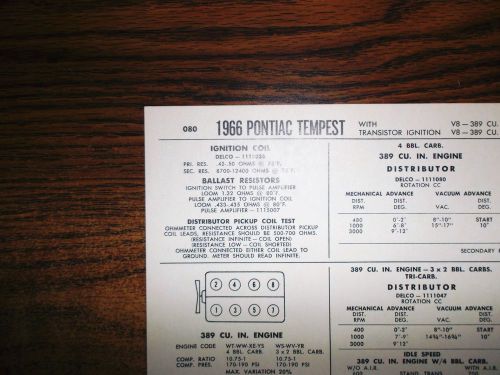 1966 pontiac tempest eight series (&amp; gto) models 389 ci v8 w/ti tune up chart