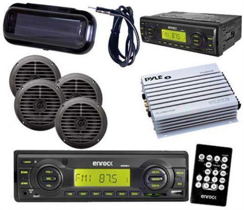 New black marine radio mp3 sd card 4 5.25&#034; spekaers antenna amp cover remote kit