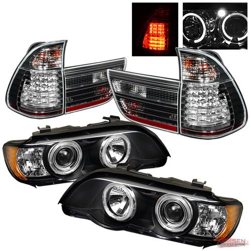 01-03 bmw x5 e53 dual halo projector headlights+ led tail lights combo set pair