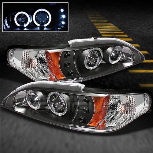 94-98 ford mustang 1pc dual halo projector led black headlights w/corner signal