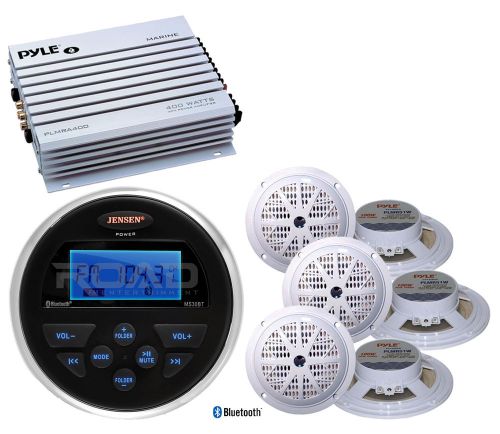 Jensen round bluetooth usb radio, 400w amplifier, 6 white marine 5.25&#034; speakers