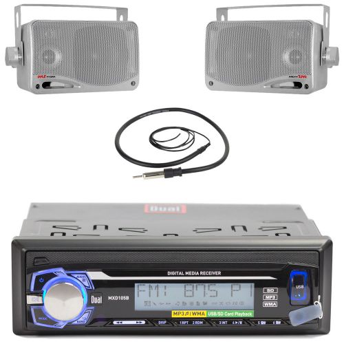 Silver 3.5&#034;marine box speakers,dual bluetooth usb sd am fm marine radio, antenna