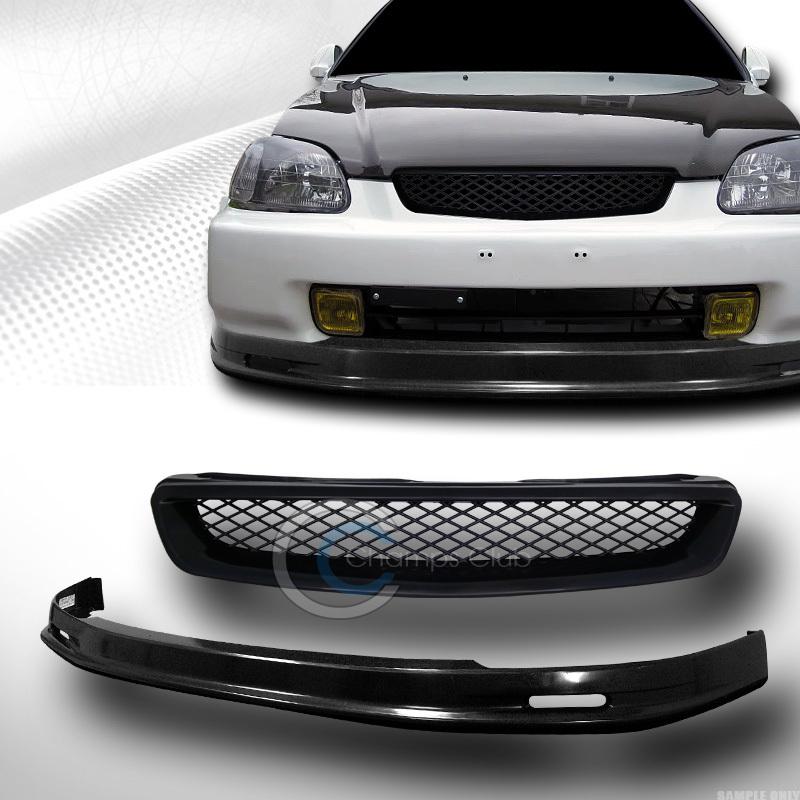 Black tr poly-urethane front spoiler bumper lip kit+grill grille 96-98 civic ek9