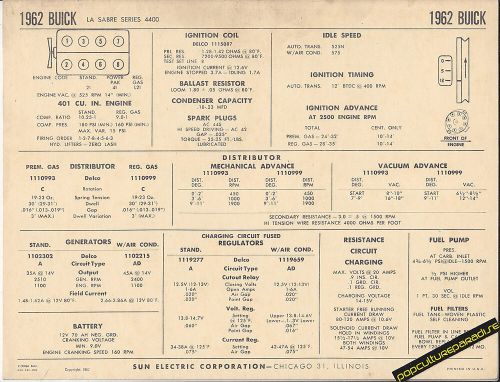 1962 buick le sabre series 4400 v8 401 ci engine car sun electronic spec sheet