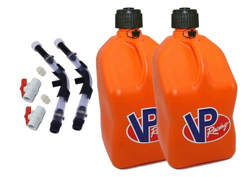 Vpracing 2 pack orange square 5 gallon fuel jugs+hose, hose bender, &amp; ball valve