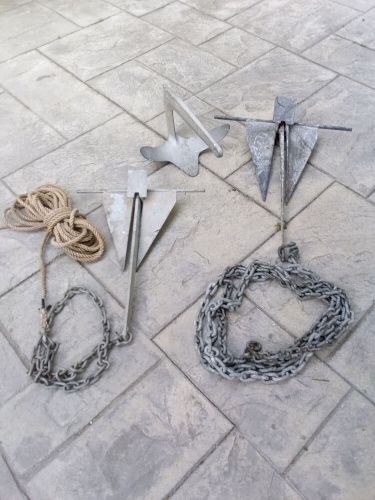 2 danforth and 1 bruce sailboat anchors, with chain and rode  good condition