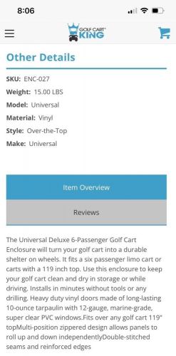 Universal six person golf cart enclosure