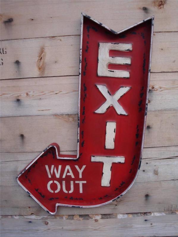 Large "exit way out" metal sign home theater cinema system popcorn stand vintage