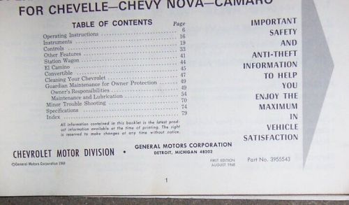 Used original 1969 camaro chevelle nova owners manual first edition aug 68  z28