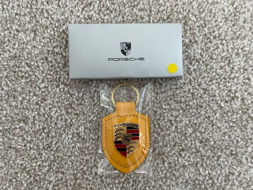 New genuine porsche leather crest key ring fob chain, yellow, wap0500950e