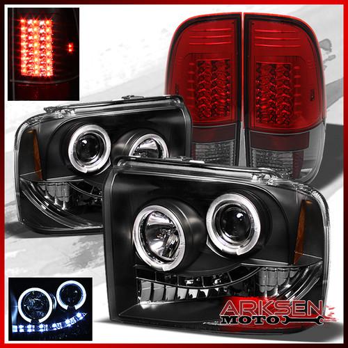 05-07 f-series sd halo projector black headlights+red smoked g2 led tail lights