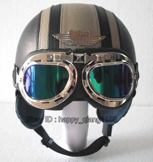 Leather vespa scooter cycling casco moto black gray helmet & uv goggles s m l xl