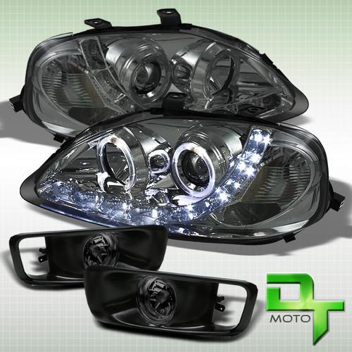 Smoked 99-00 civic halo projector drl led head lights + smoke fog lamps w/switch