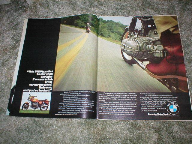 1975  bmw motorcycle  picture ad  2 page original r60/6  r75/6  r90/6  r90s