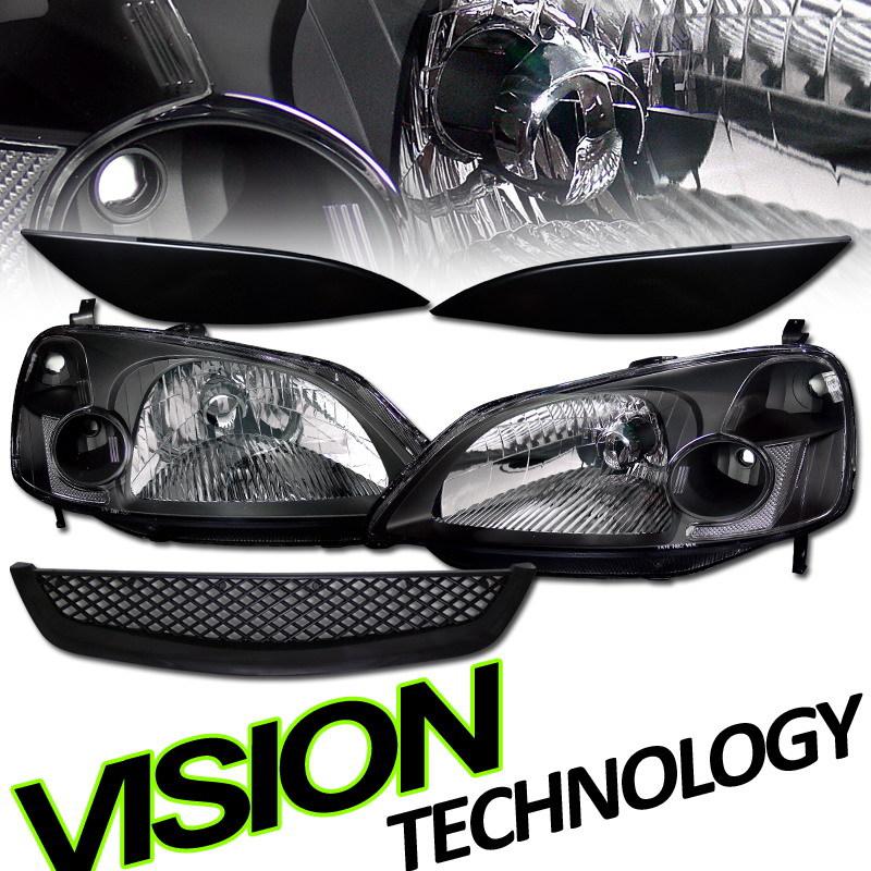 01-03 civic 2/4-door jdm blk housing headlights+bumper mesh grill+eye lids/brows