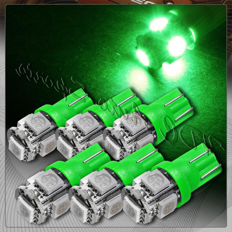 6x 5 smd led t10 wedge interior instrument panel gauge replacement bulbs - green